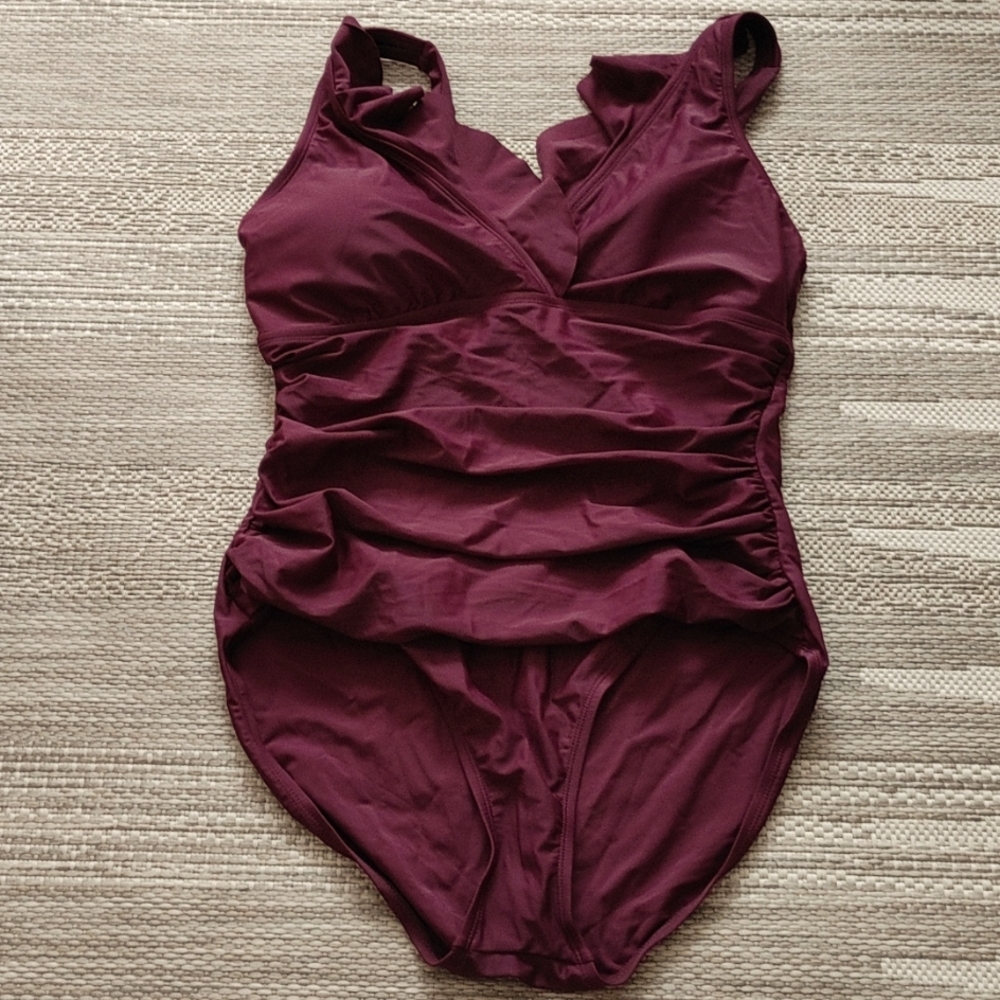 Women's Ruched V-Neck One-Piece Swimsuit - Wine
